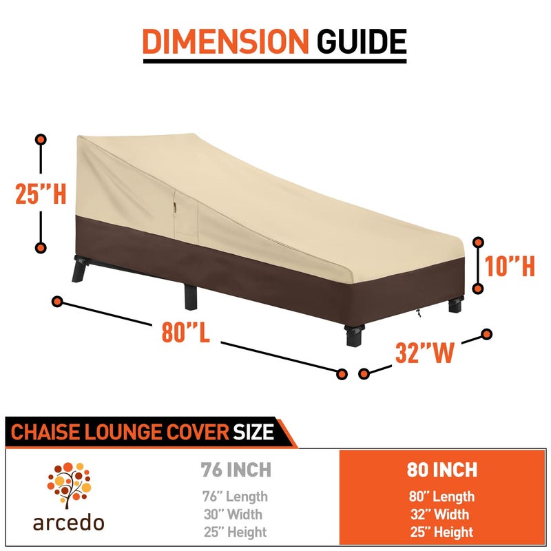 Arcedo Waterproof Outside Lounge Chair Covers 2 Pack, Heavy Duty Patio Chaise Lounge Covers for Outdoor Furniture, Protect Your Pool Chairs in Winter, 80" L x 32" W x 25" H, Beige and Brown - Image 2