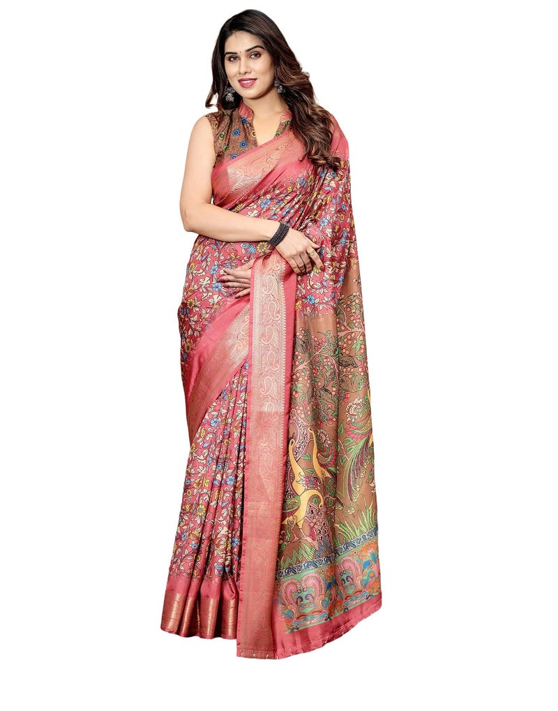 SIRIL Women's Tussar Silk Kalamkari Printed Saree with Unstitched blouse Piece (4294S261_Peach Pink & Brown) - Image 1