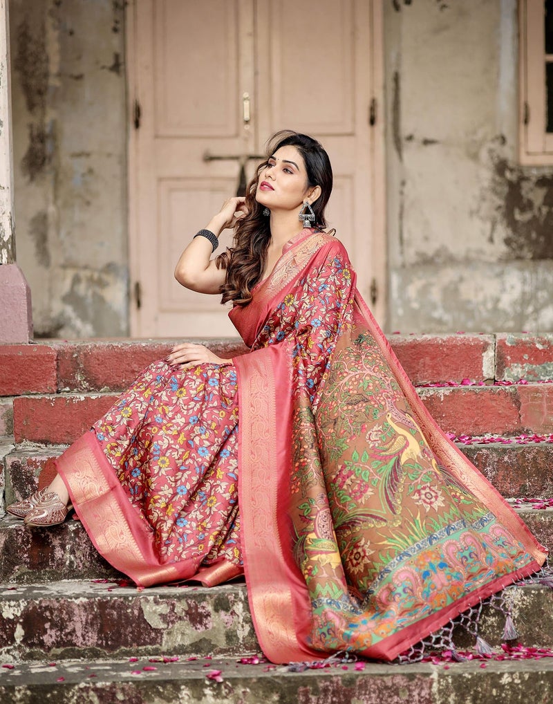 SIRIL Women's Tussar Silk Kalamkari Printed Saree with Unstitched blouse Piece (4294S261_Peach Pink & Brown) - Image 3