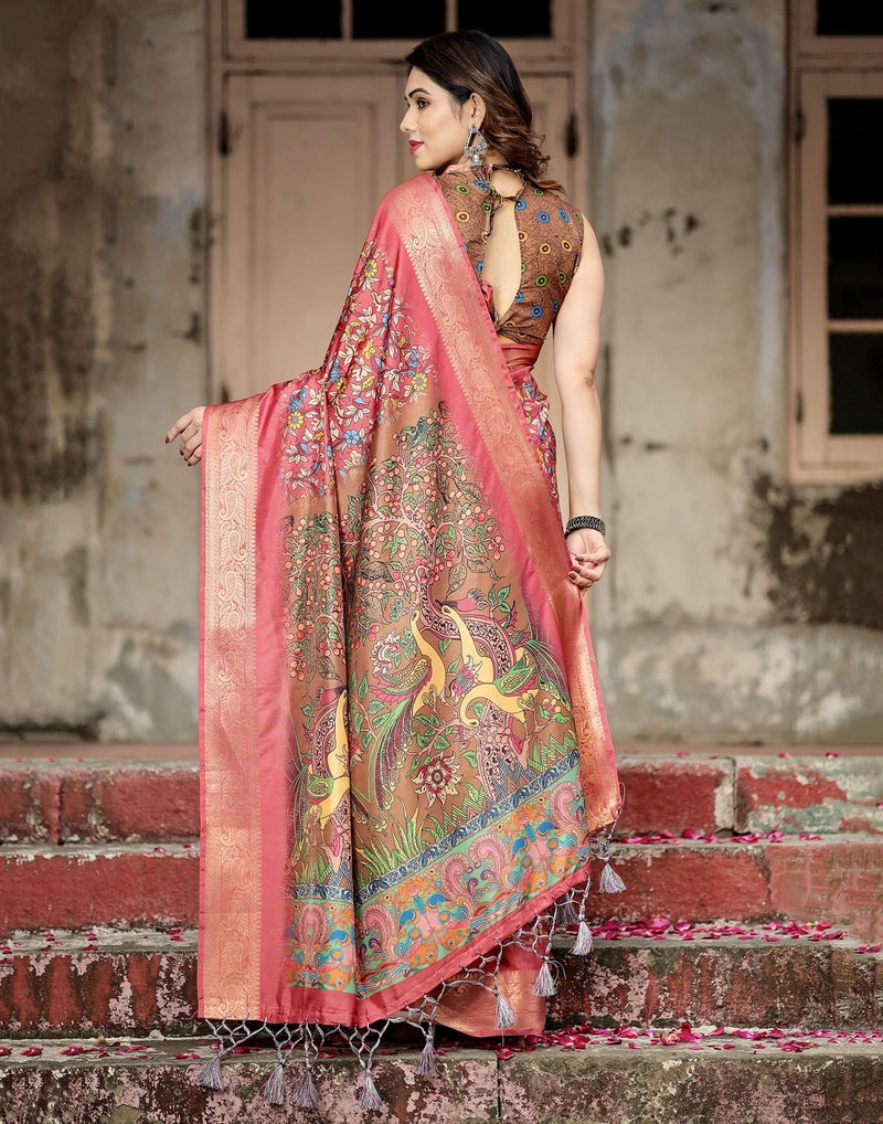 SIRIL Women's Tussar Silk Kalamkari Printed Saree with Unstitched blouse Piece (4294S261_Peach Pink & Brown) - Image 2