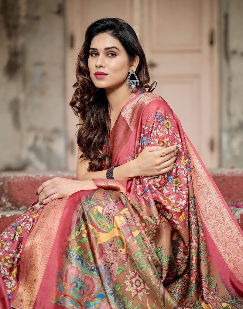 SIRIL Women's Tussar Silk Kalamkari Printed Saree with Unstitched blouse Piece (4294S261_Peach Pink & Brown) - Image 4
