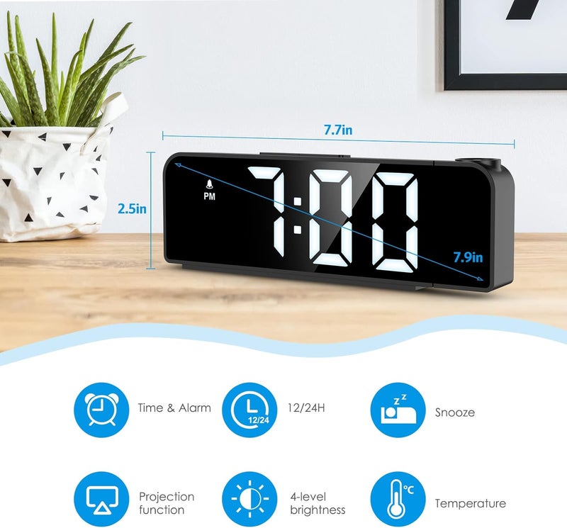 AMIR Projection Alarm Clock for Bedroom Ceiling, Projection Clock with 7.9" Large Display,4 Level Brightness, 12/24H, USB Charger, Snooze, Night Mode, Projection Alarm Clock for Kids, Heavy Sleepers - Image 2