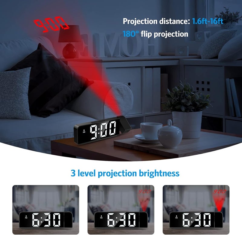 AMIR Projection Alarm Clock for Bedroom Ceiling, Projection Clock with 7.9" Large Display,4 Level Brightness, 12/24H, USB Charger, Snooze, Night Mode, Projection Alarm Clock for Kids, Heavy Sleepers - Image 3