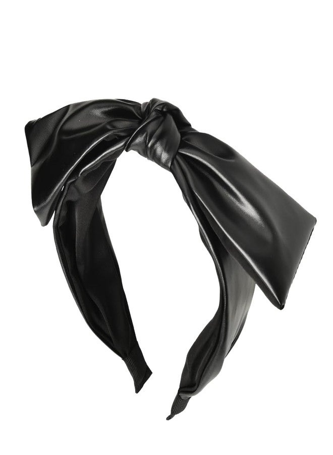 YangQian Faux Leather Bow Headband for Women - Black Knotted Wide Hair Hoop With Bow on Top - Fashion Accessories for Girls - Image 1
