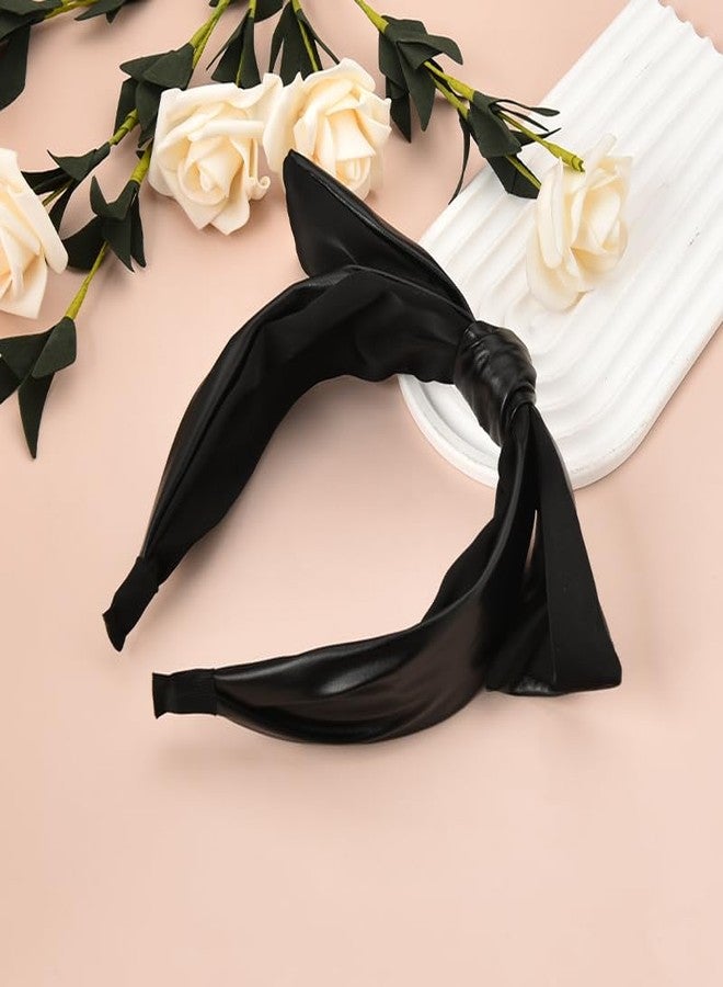 YangQian Faux Leather Bow Headband for Women - Black Knotted Wide Hair Hoop With Bow on Top - Fashion Accessories for Girls - Image 4