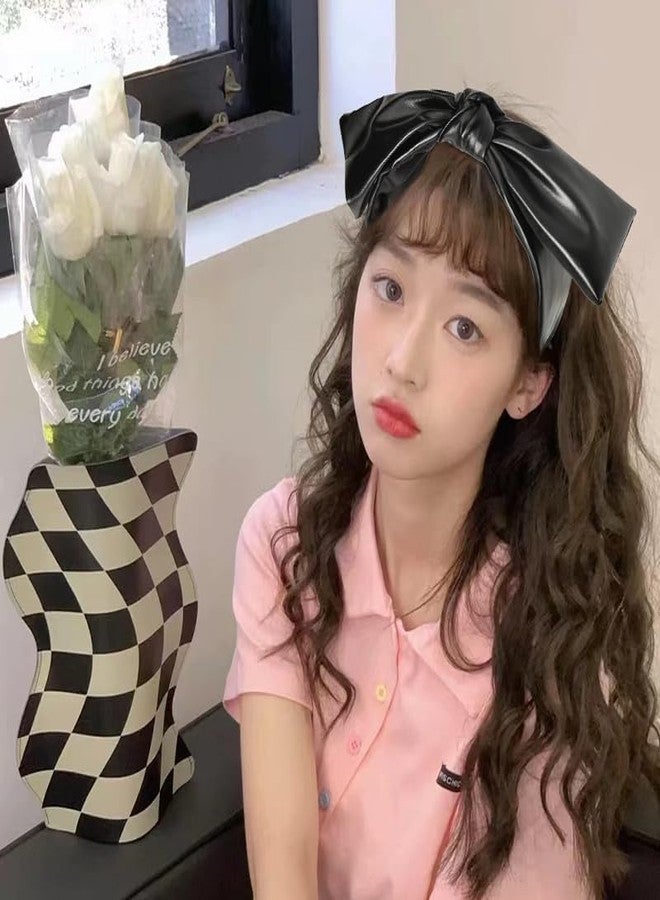 YangQian Faux Leather Bow Headband for Women - Black Knotted Wide Hair Hoop With Bow on Top - Fashion Accessories for Girls - Image 3