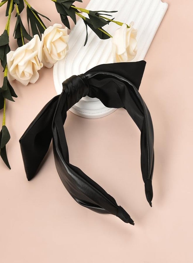 YangQian Faux Leather Bow Headband for Women - Black Knotted Wide Hair Hoop With Bow on Top - Fashion Accessories for Girls - Image 5