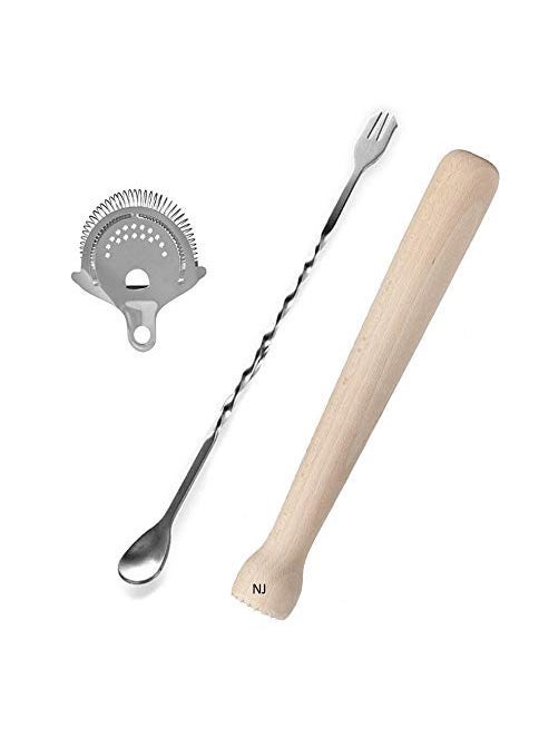 NJ NJ Cocktail Muddler Set, Spiral Fork Mixing Spoon & No Prong Bar Strainer, Home Bar Bartender's Muddling Tool Set: 3 Pcs Set  - Image 1