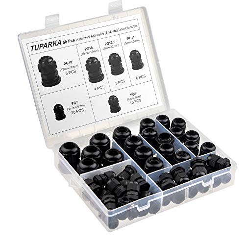 TUPARKA 50 Pack Cable Gland Waterproof Adjustable 3-16mm Cable Connectors PG7 PG9 PG11 PG13.5 PG16 PG19 Plastic Cable Gland Joints with Gaskets in PP Box - Image 1