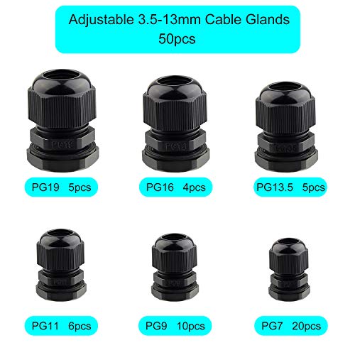 TUPARKA 50 Pack Cable Gland Waterproof Adjustable 3-16mm Cable Connectors PG7 PG9 PG11 PG13.5 PG16 PG19 Plastic Cable Gland Joints with Gaskets in PP Box - Image 2