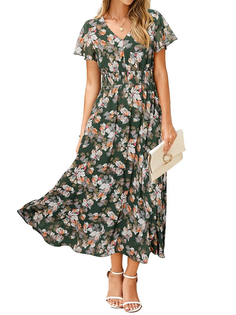 Simplee Apparel Simplee Womens Floral Maxi Dress - Short Sleeve Summer Boho Wedding Guest Dress Empire Waist Chiffon Modest Midi Dresses Green,L - Image 1