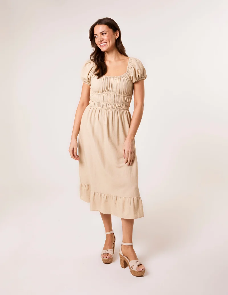 Blue Vanilla Puff Sleeve Shirred Panel Dress