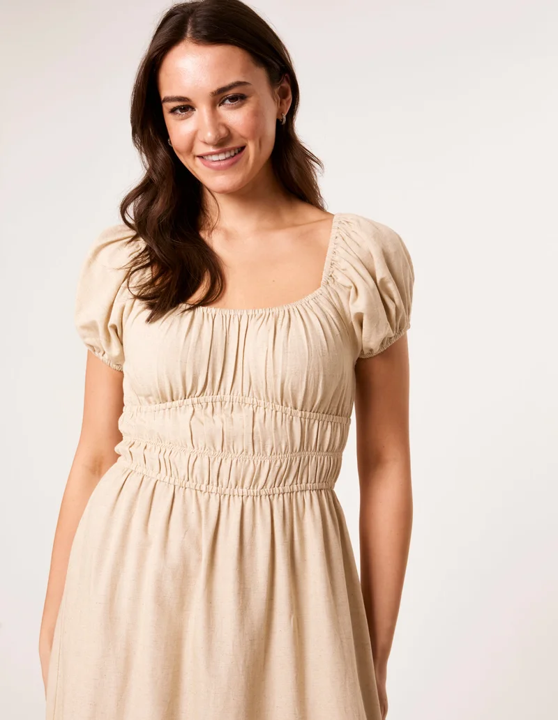 Blue Vanilla Puff Sleeve Shirred Panel Dress