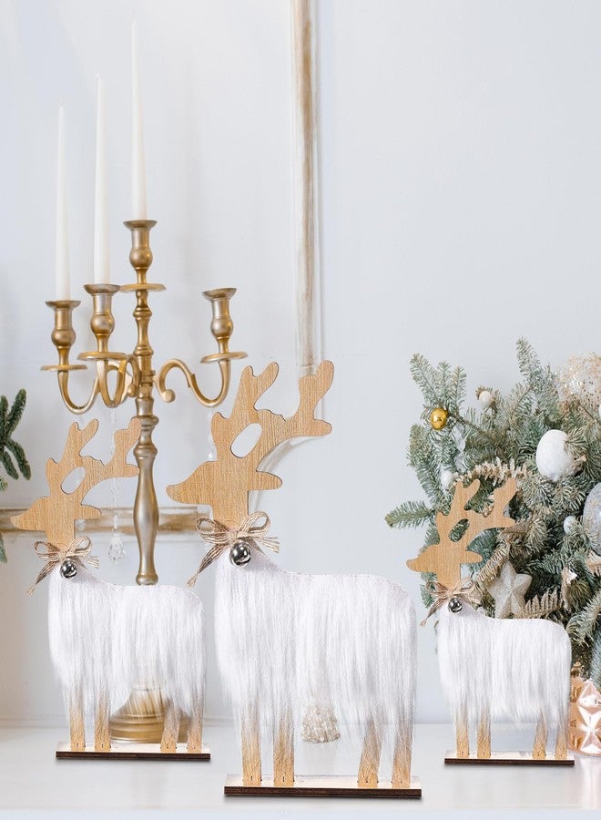 Geelin 3 Pcs Wooden Reindeer Christmas Decor Rustic Farmhouse Christmas Table Decorations with Faux Fur and Bell Neutral Xmas Reindeer Decor for Home Mantel Shelf Tiered Tray Cabinet Tabletop - Image 5