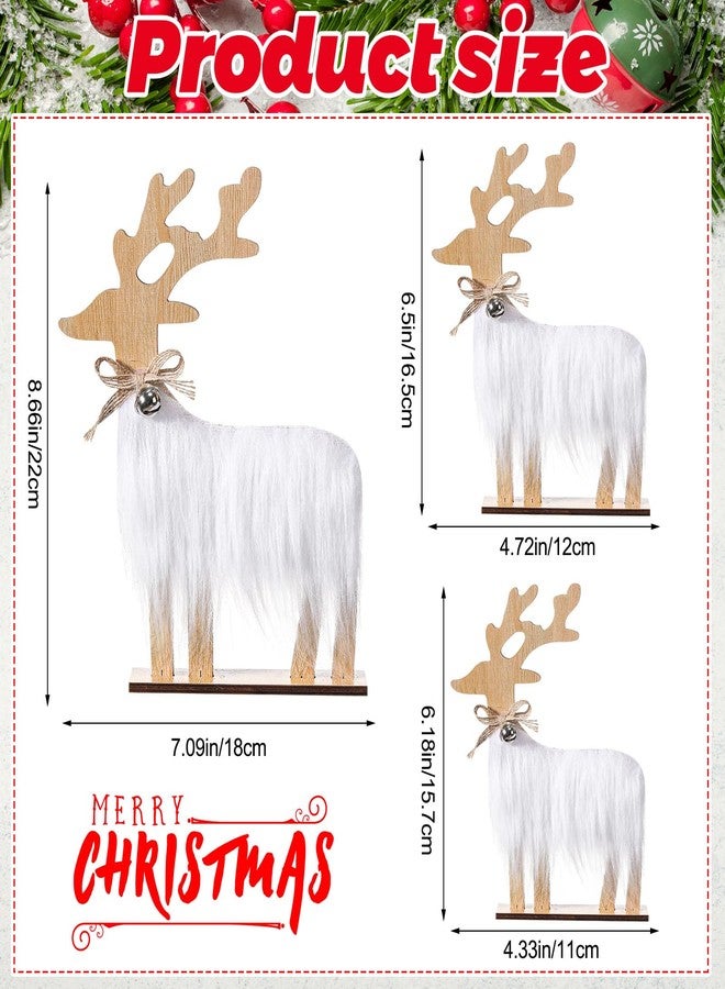 Geelin 3 Pcs Wooden Reindeer Christmas Decor Rustic Farmhouse Christmas Table Decorations with Faux Fur and Bell Neutral Xmas Reindeer Decor for Home Mantel Shelf Tiered Tray Cabinet Tabletop - Image 3