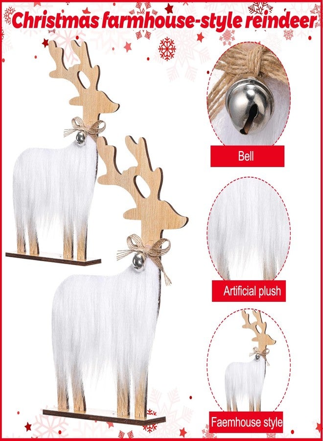 Geelin 3 Pcs Wooden Reindeer Christmas Decor Rustic Farmhouse Christmas Table Decorations with Faux Fur and Bell Neutral Xmas Reindeer Decor for Home Mantel Shelf Tiered Tray Cabinet Tabletop - Image 4