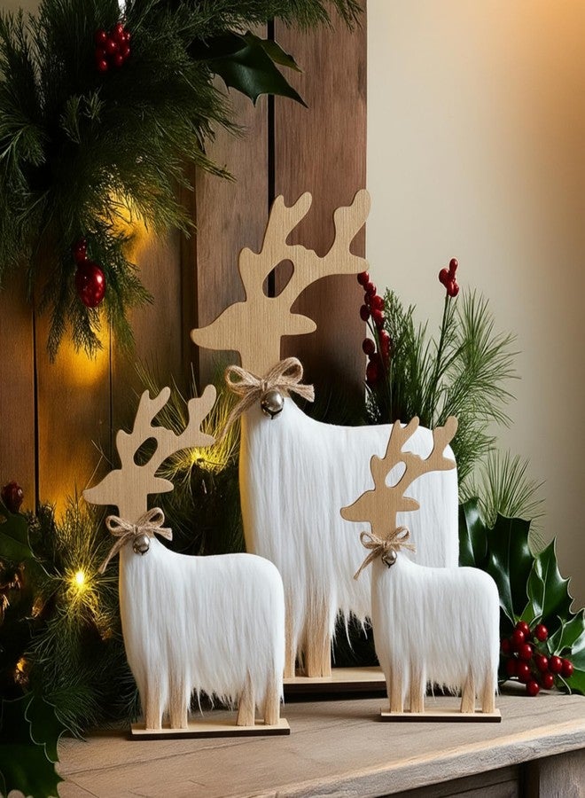 Geelin 3 Pcs Wooden Reindeer Christmas Decor Rustic Farmhouse Christmas Table Decorations with Faux Fur and Bell Neutral Xmas Reindeer Decor for Home Mantel Shelf Tiered Tray Cabinet Tabletop - Image 1