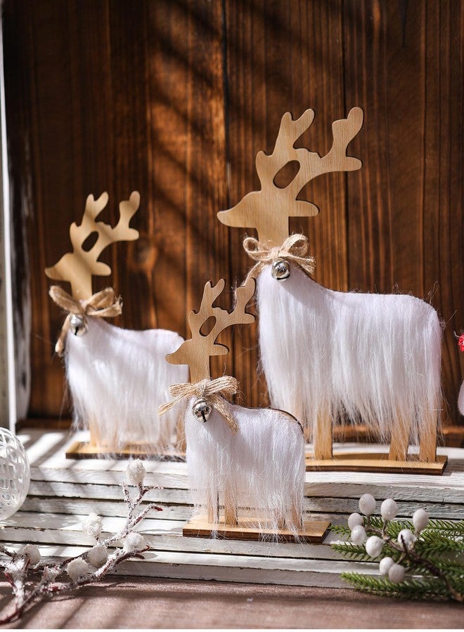 Geelin 3 Pcs Wooden Reindeer Christmas Decor Rustic Farmhouse Christmas Table Decorations with Faux Fur and Bell Neutral Xmas Reindeer Decor for Home Mantel Shelf Tiered Tray Cabinet Tabletop - Image 2
