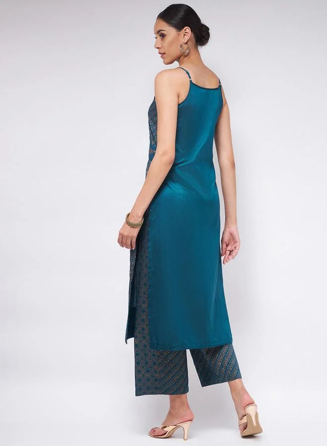 Take Two  Blue Sleeveless Block Printed Kurta and Pants Set By Pannkh for Women | Best Price UAE