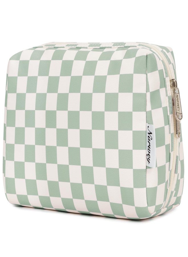 Narwey Checkered Makeup Bag Travel Cosmetic Bag Organizer Toiletry Bag Make Up Bags with Compartments for Women Girls (Large, Mint Green Checkerboard) - Image 1