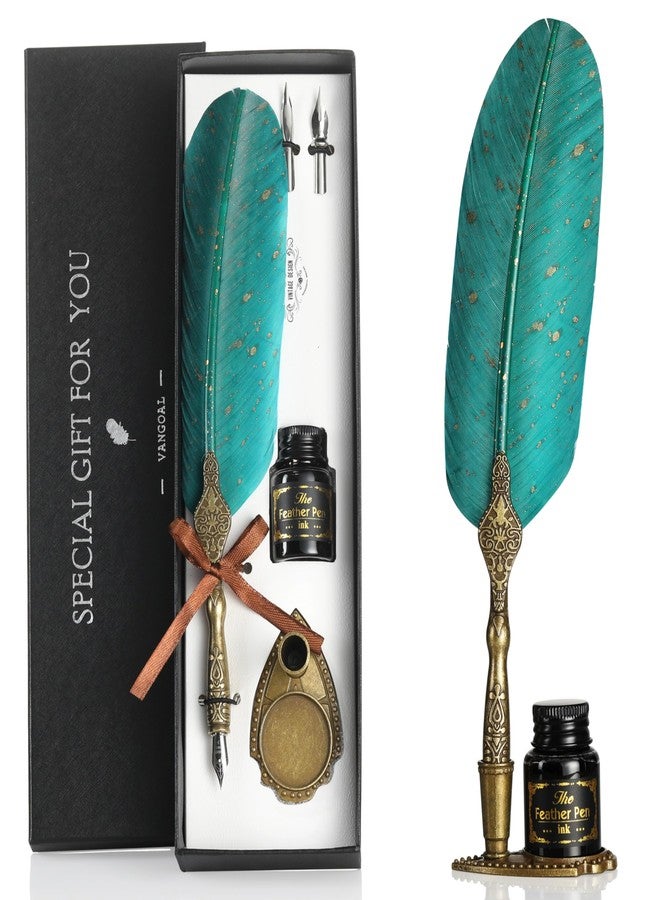 VANGOAL Vintage Green Feather Pen and Ink Set, Classic Series Goose Quill Pen with Carving Pen Stand, Calligraphy Pen Nibs, Black Dip Pen Ink, Antique Writing Gift for Writer - Image 1