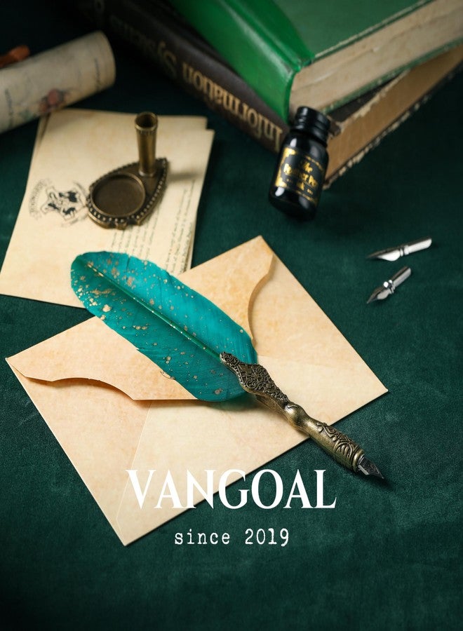 VANGOAL Vintage Green Feather Pen and Ink Set, Classic Series Goose Quill Pen with Carving Pen Stand, Calligraphy Pen Nibs, Black Dip Pen Ink, Antique Writing Gift for Writer - Image 4