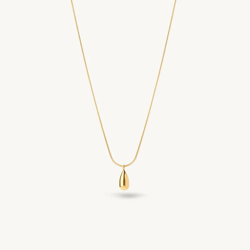 18K Gold Tone Plated Solid Pear Drop Pendant Necklace For Women - Waterproof & Anti-Tarnish