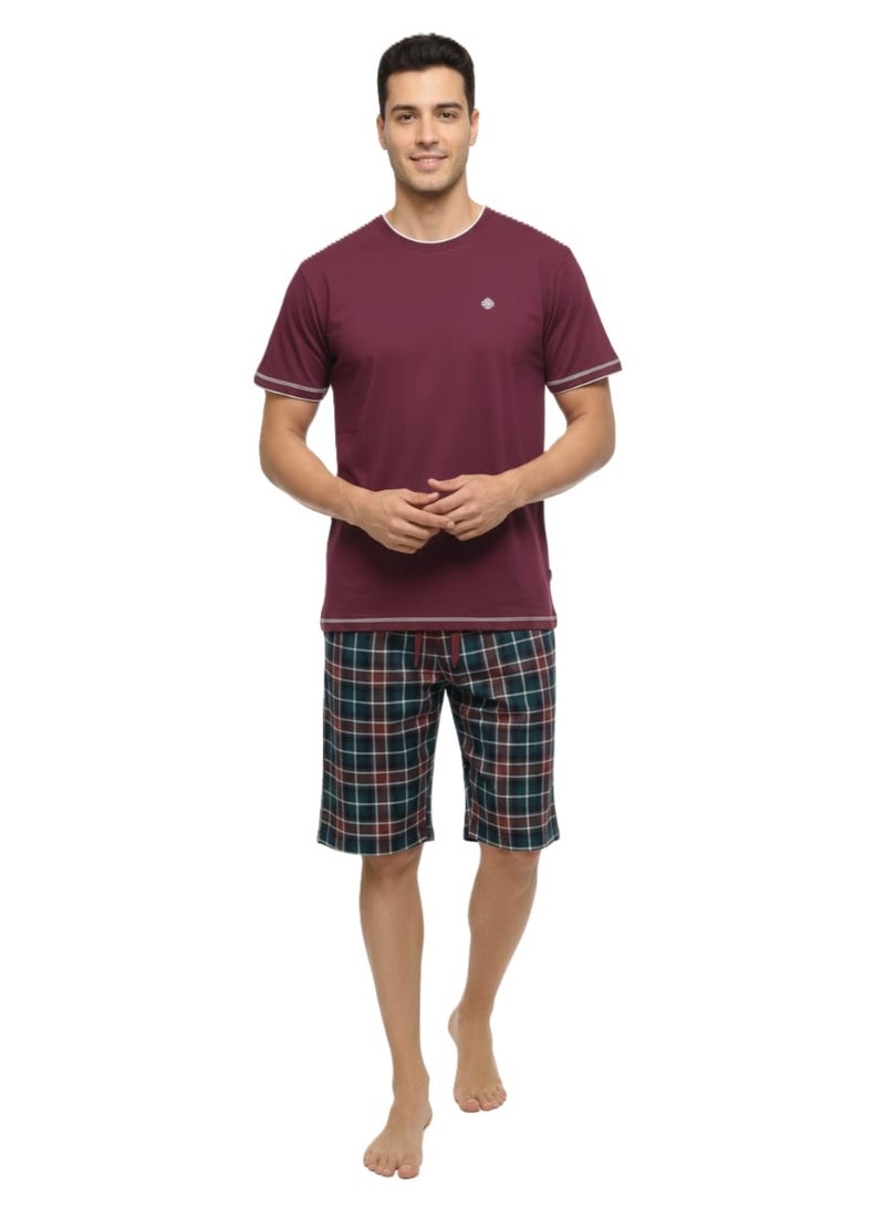 Men Summer Pajama Set Plain Top & Plaid Short