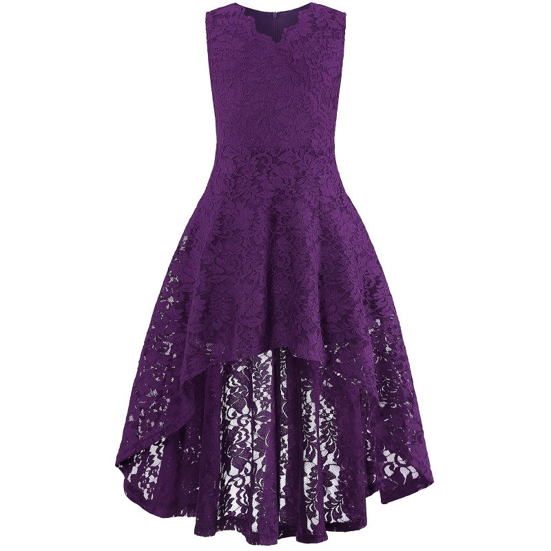 Viriber Girls Floral Lace Purple Dress Easter Bridesmaid Vintage Formal Cocktail Party Swallowtail Swing Dresses 7-14 Years(Purple Lace,13-14T) - Image 1