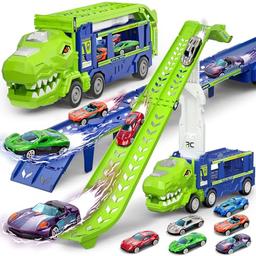 Bstoyder Kids Toys for 3 4 5 6 7 8 Years Old Boys 3 in 1 Dinosaur Carrier Truck Transport Car Toys Foldable 2 Track Dino Truck with 25in Race Track 6 Metal Toy Cars Birthday Toy Gift for Toddler - Image 1