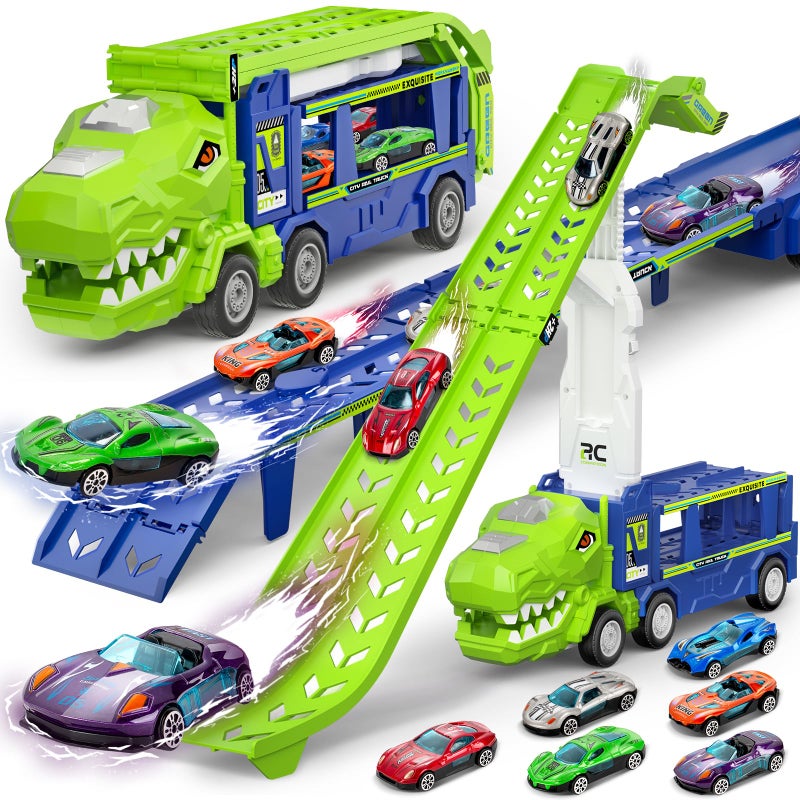 Bstoyder Kids Toys for 3 4 5 6 7 8 Years Old Boys 3 in 1 Dinosaur Carrier Truck Transport Car Toys Foldable 2 Track Dino Truck with 25in Race Track 6 Metal Toy Cars Birthday Toy Gift for Toddler - Image 3