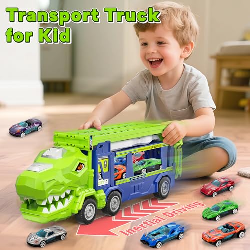 Bstoyder Kids Toys for 3 4 5 6 7 8 Years Old Boys 3 in 1 Dinosaur Carrier Truck Transport Car Toys Foldable 2 Track Dino Truck with 25in Race Track 6 Metal Toy Cars Birthday Toy Gift for Toddler - Image 5