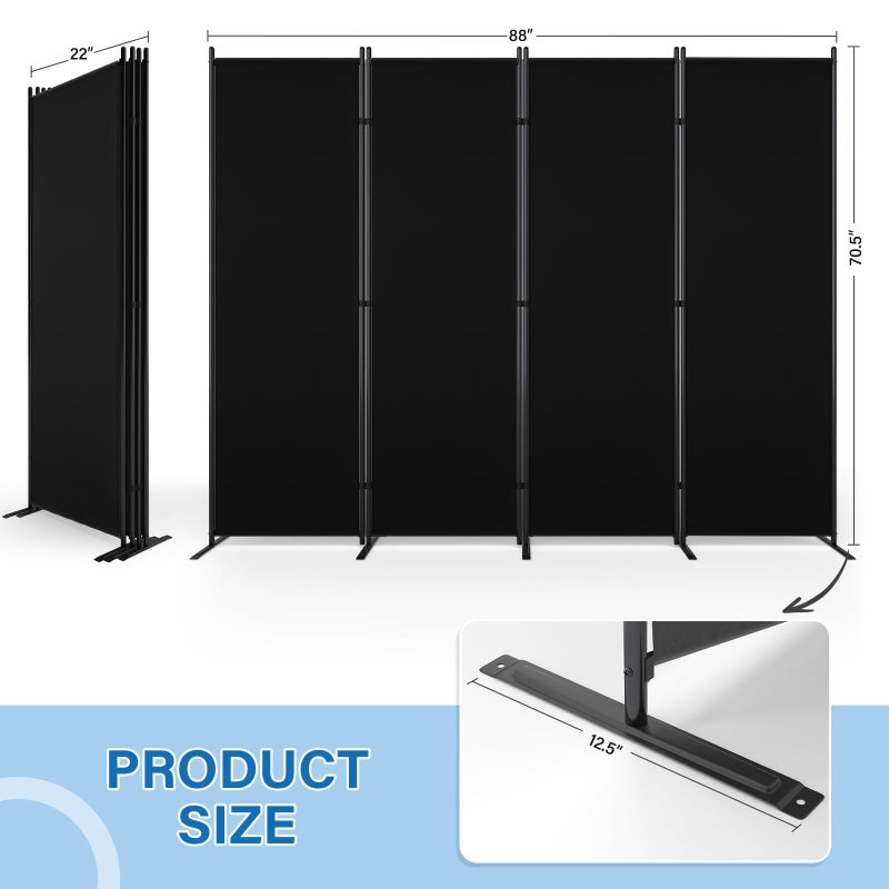 AKTOP 4 Panel Room Divider, 6FT Portable Wall Divider for Room Separation, 88"W Fabric Partition Room Dividers and Folding Privacy Screens, Freestanding Room Separators for Home Office Bedroom, Black - Image 2