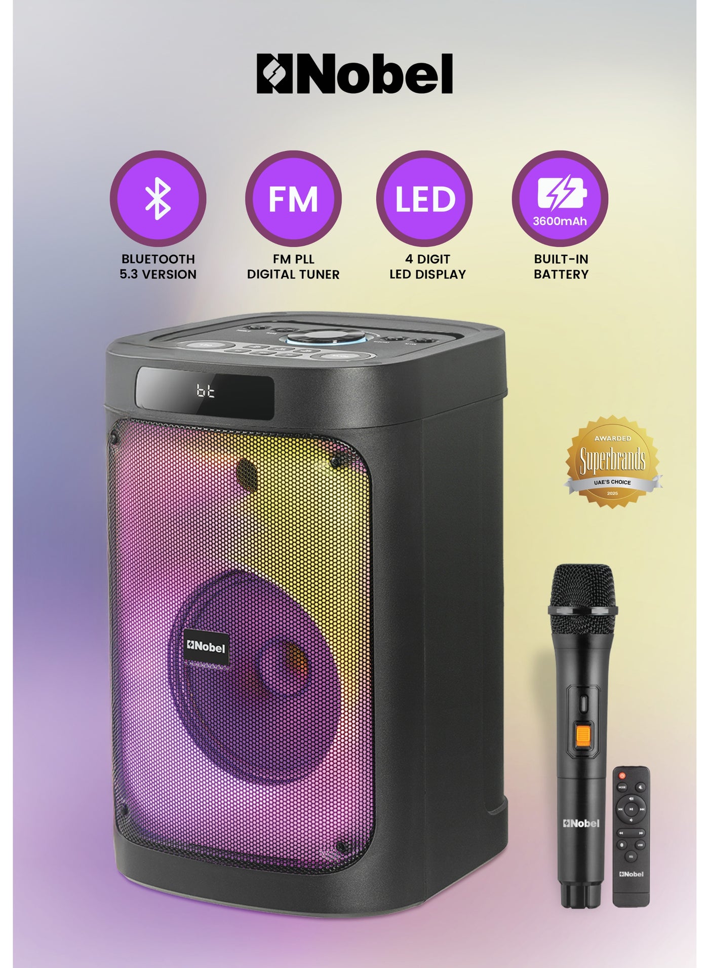 Nobel Portable Bluetooth Speaker 40W Hi-Fi with Karaoke Mic Input & Digital Echo, FM Radio, Magic Ring LED Lights, Remote Control, Built-in Rechargeable Battery, Bluetooth 5.3 – NPS11A (1 Year Warranty)