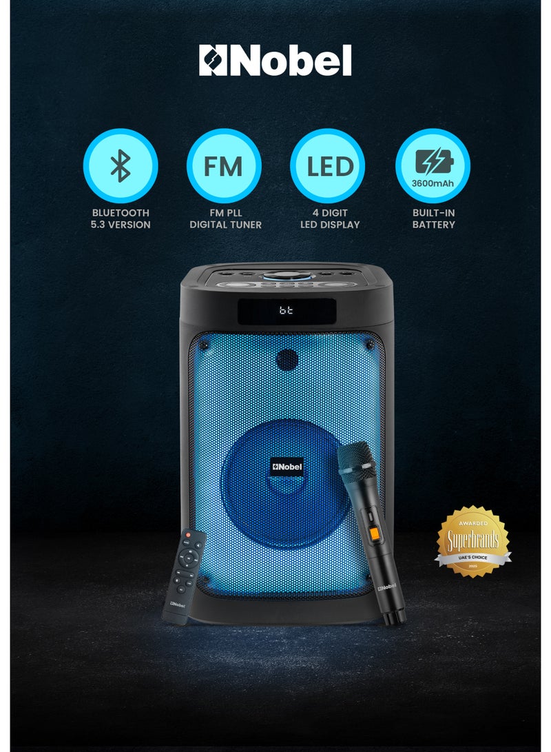 نوبل مكبر صوت نوبل المحمول بتقنية البلوتوث، 40 واط، هاي فاي، مع مدخل ميكروفون كاريوكي وصدى رقمي، وراديو FM، وإضاءة LED دائرية سحرية، وجهاز تحكم عن بعد، وبطارية مدمجة قابلة لإعادة الشحن، وبلوتوث 5.3 - NPS11A (ضمان لمدة عام) - Image 2