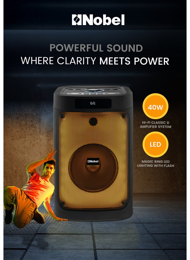 نوبل مكبر صوت نوبل المحمول بتقنية البلوتوث، 40 واط، هاي فاي، مع مدخل ميكروفون كاريوكي وصدى رقمي، وراديو FM، وإضاءة LED دائرية سحرية، وجهاز تحكم عن بعد، وبطارية مدمجة قابلة لإعادة الشحن، وبلوتوث 5.3 - NPS11A (ضمان لمدة عام) - Image 4