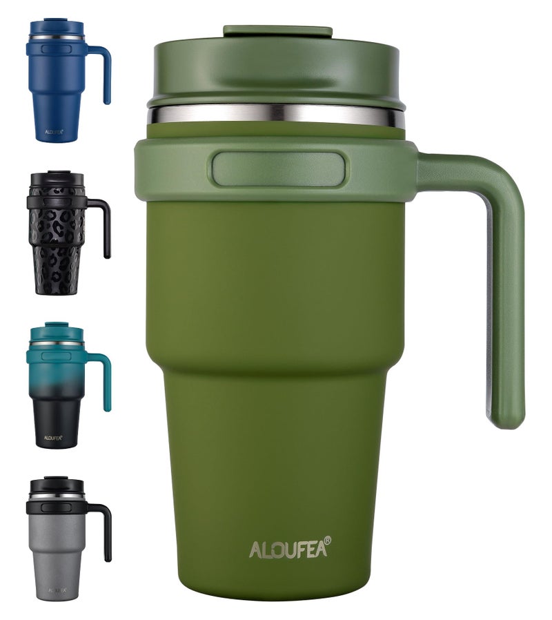 ALOUFEA 20 oz Insulated Coffee Mug Tumbler with Handle, Stainless Steel Travel Mug Tumbler with Lid and Straw,Double Wall Vacuum Leak Proof Ice Coffee Thermal Cup, Army Green - Image 1