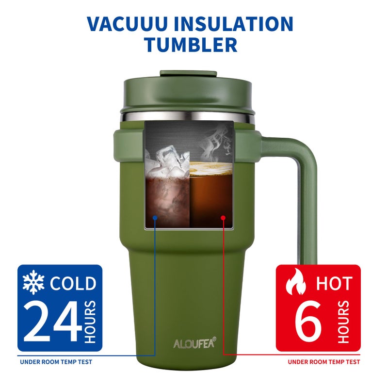 ALOUFEA 20 oz Insulated Coffee Mug Tumbler with Handle, Stainless Steel Travel Mug Tumbler with Lid and Straw,Double Wall Vacuum Leak Proof Ice Coffee Thermal Cup, Army Green - Image 4