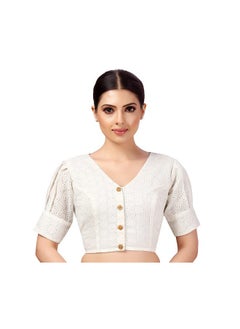 Studio Shringaar Studio Shringaar Women's Cotton Puff Sleeves Chikankan Embroidered Saree Blouse(White, 34)  - Image 1