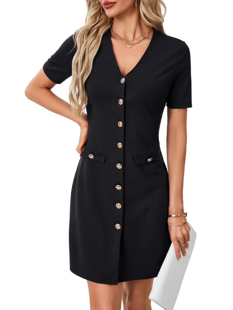 Rooscier Women'sV Neck Button Down Short Sleeve Elegant Work Mini Dress Solid Black-1 Medium - Image 2