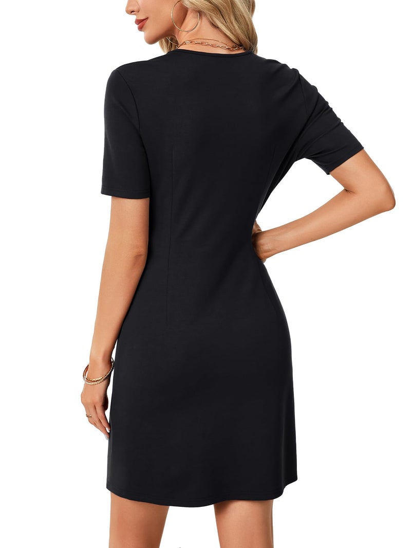 Rooscier Women'sV Neck Button Down Short Sleeve Elegant Work Mini Dress Solid Black-1 Medium - Image 5