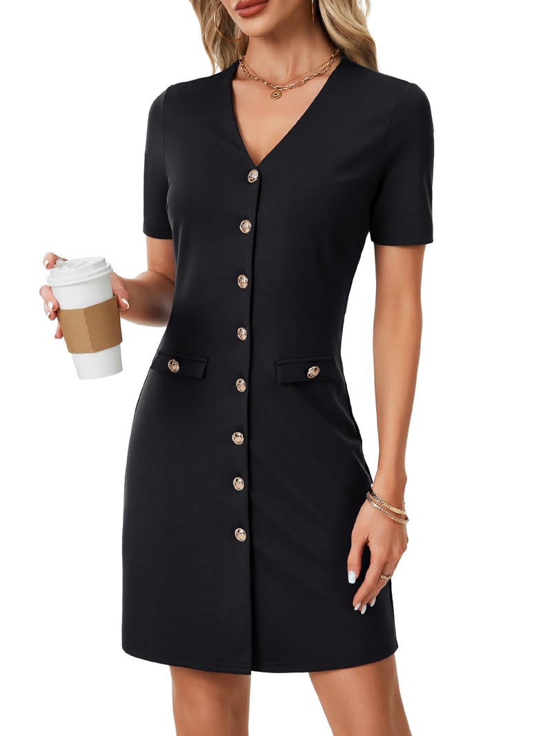 Rooscier Women'sV Neck Button Down Short Sleeve Elegant Work Mini Dress Solid Black-1 Medium - Image 3