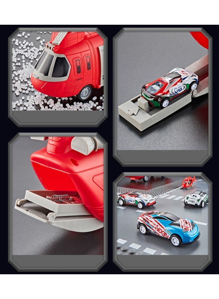 HALAMODO 【Helicopter Toy Set】Transformable Launch Transport Aircraft Kids Helicopter Vehicle Playset | For Ages 3+ | ABS Safe Material | One-Button Launch + Inertia Glide | Openable Cabin Door | Includes 3 Cars + 1 Aircraft | Large Storage Compartment | Rich Accessories With Road Signs | Durable Impact-Resistant Material | Parent-Child Educational Toy - Image 5