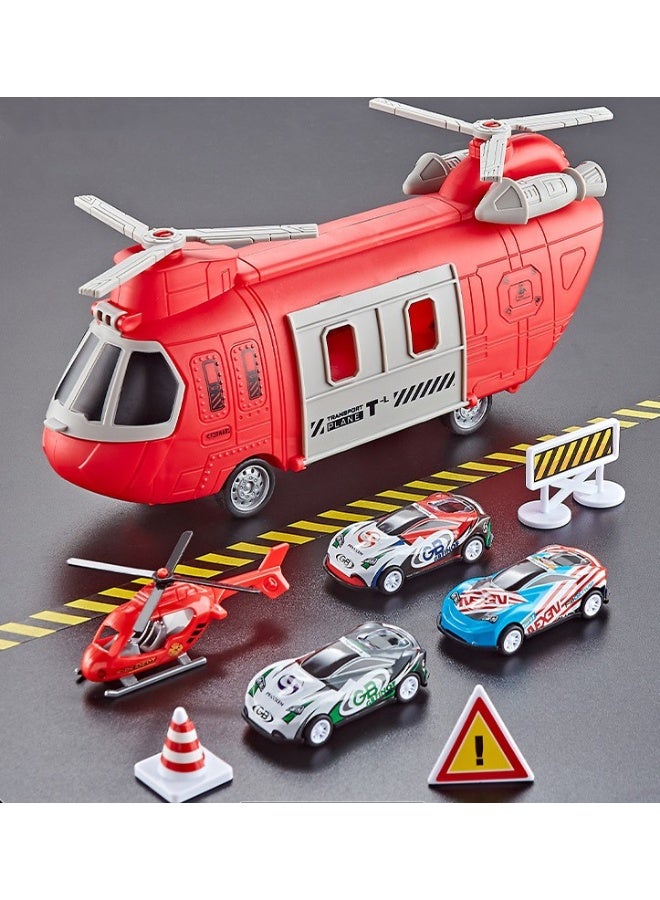 HALAMODO 【Helicopter Toy Set】Transformable Launch Transport Aircraft Kids Helicopter Vehicle Playset | For Ages 3+ | ABS Safe Material | One-Button Launch + Inertia Glide | Openable Cabin Door | Includes 3 Cars + 1 Aircraft | Large Storage Compartment | Rich Accessories With Road Signs | Durable Impact-Resistant Material | Parent-Child Educational Toy - Image 1