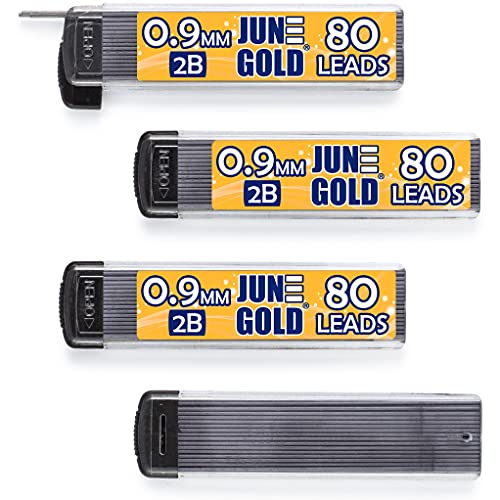 June Gold 320 Pieces, 0.9 mm 2B Lead Refills, 80 Pieces Per Dispenser, Bold Thickness, Break Resistant Lead/Graphite, 1.0 mm Compatible (Pack of 4 Dispensers) - Image 1