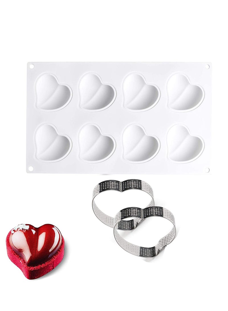Excefore Baking Silicone Mold for Mousse Cake, 3D Baking Non Stick Molds, 2 Tart Ring and Heart Shape Dessert Moulds for DIY Chocolate Pastry Truffle Pudding Jelly Cheesecake, 8-Cavity Set of 3 - Image 1
