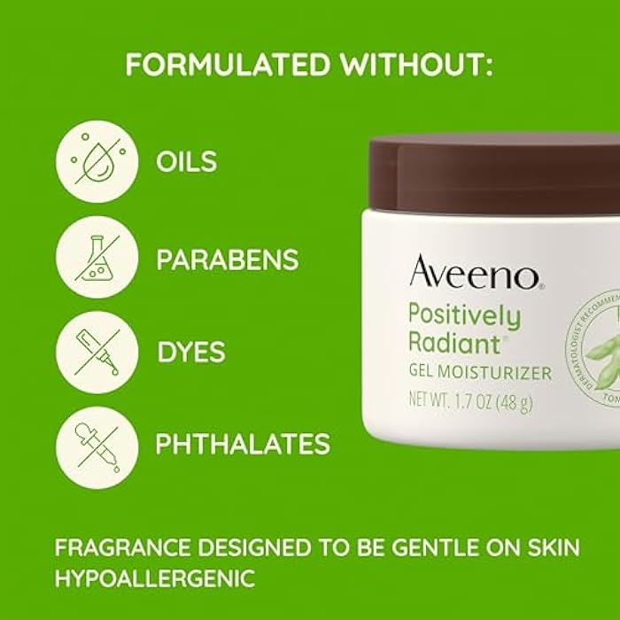 Aveeno Positively Radiant Daily Gel Facial Moisturizer with Hyaluronic Acid & Tone-Correcting Soy, Hydrating & Brightening Gel Face Cream Evens Skin Tone & Texture, Hypoallergenic, 1.7 oz - Image 5