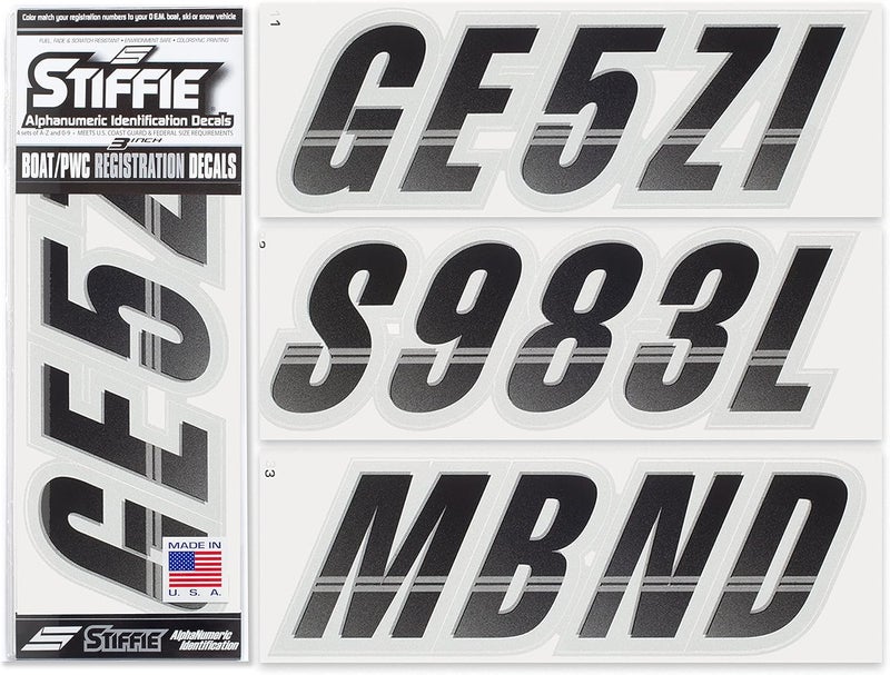 STIFFIE Techtron Black/Silver 3" Alpha-Numeric Registration Identification Numbers Stickers Decals for Boats & Personal Watercraft - Image 1