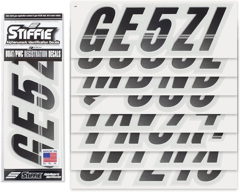 STIFFIE Techtron Black/Silver 3" Alpha-Numeric Registration Identification Numbers Stickers Decals for Boats & Personal Watercraft - Image 2