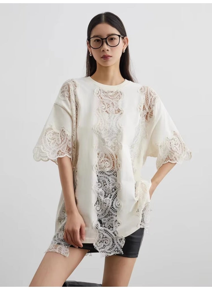Women White Lace Hollow Out T Shirt Oversized Loose Fit Short Sleeve Top French Style Crochet Detail Casual Blouse - Image 1